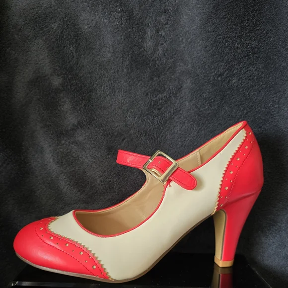 Kym By J Adams Classic Two-Tone Mary Jane High Heels in Red and Cream - Picture 12 of 15
